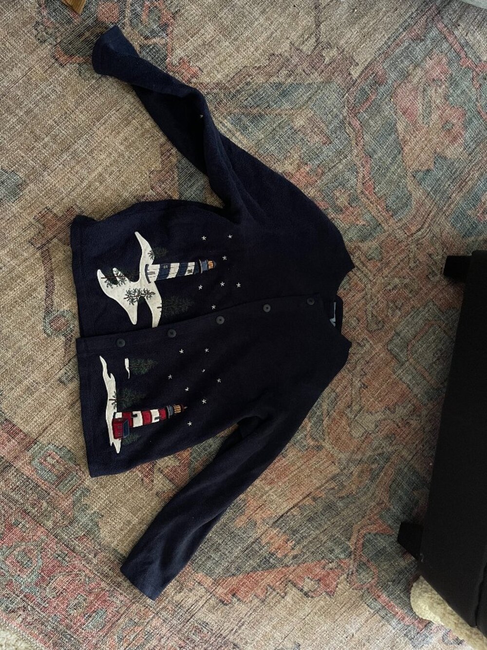 Lighthouse fleece navy blue cardigan size M Croft and Borrow folk art indie
